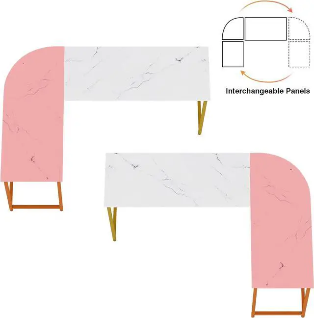 Alt view image 5 of 7 - Weehom L Shaped Computer Desk with Monitor Stand, Reversible Corner Desk for Home Office, Modern PC Workstation Study Writing Table(White and Gold)