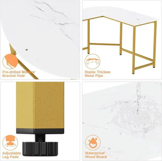 Alt view image 7 of 7 - Weehom L Shaped Computer Desk with Monitor Stand, Reversible Corner Desk for Home Office, Modern PC Workstation Study Writing Table(White and Gold)