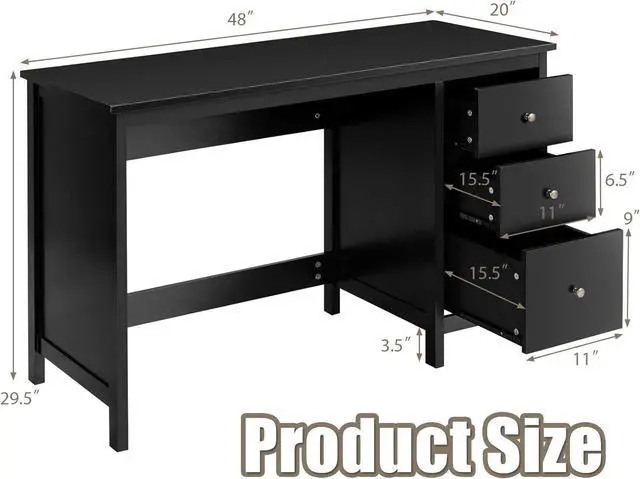 Alt view image 3 of 7 - Tangkula Black Desk with Drawers, Modern Home Office Computer Desk with Storage Drawers & Spacious Desktop, Compact Writing Study Desk Laptop Desk for Bedroom, Multipurpose Computer Workstation