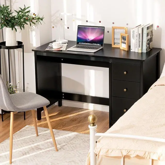 Alt view image 5 of 7 - Tangkula Black Desk with Drawers, Modern Home Office Computer Desk with Storage Drawers & Spacious Desktop, Compact Writing Study Desk Laptop Desk for Bedroom, Multipurpose Computer Workstation