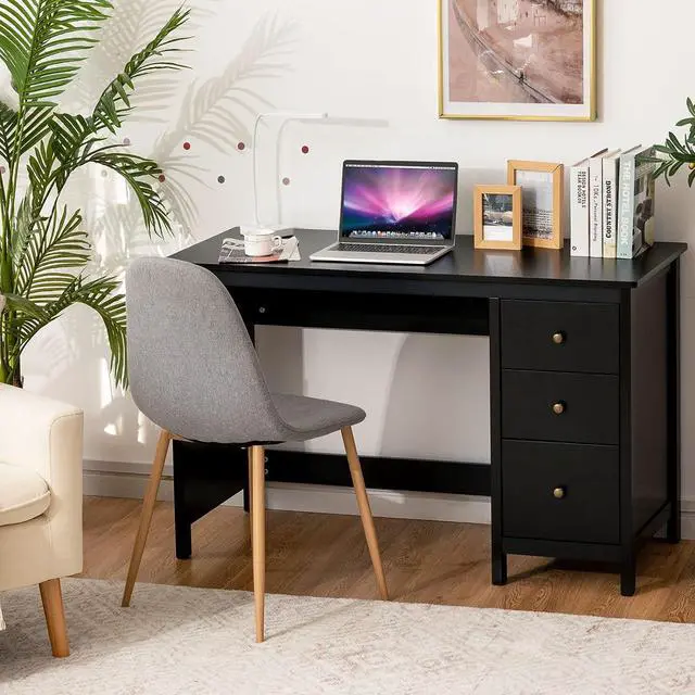 Alt view image 2 of 7 - Tangkula Black Desk with Drawers, Modern Home Office Computer Desk with Storage Drawers & Spacious Desktop, Compact Writing Study Desk Laptop Desk for Bedroom, Multipurpose Computer Workstation