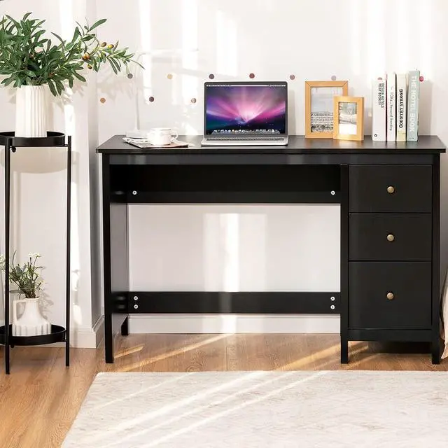 Alt view image 4 of 7 - Tangkula Black Desk with Drawers, Modern Home Office Computer Desk with Storage Drawers & Spacious Desktop, Compact Writing Study Desk Laptop Desk for Bedroom, Multipurpose Computer Workstation