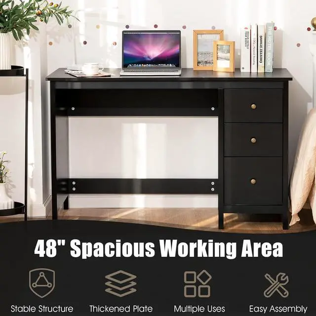 Alt view image 6 of 7 - Tangkula Black Desk with Drawers, Modern Home Office Computer Desk with Storage Drawers & Spacious Desktop, Compact Writing Study Desk Laptop Desk for Bedroom, Multipurpose Computer Workstation