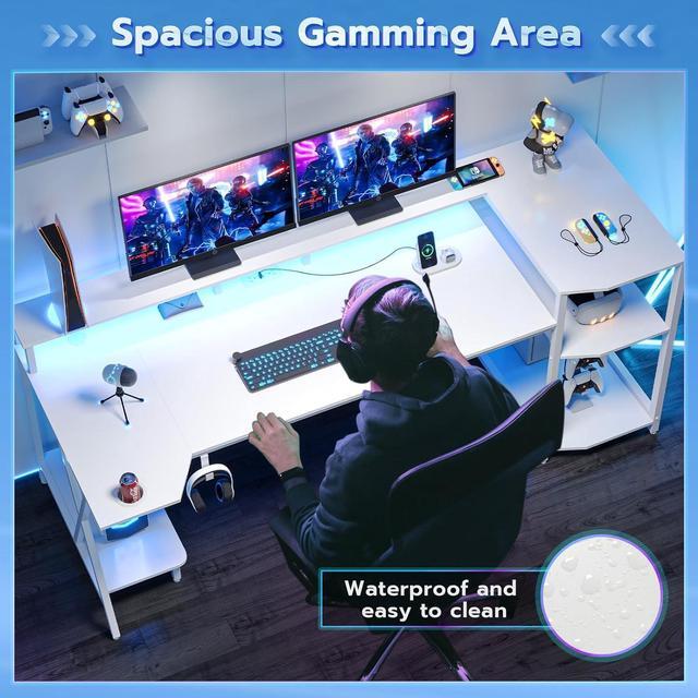 Alt view image 5 of 7 - SEDETA White Gaming Desk 70.8'' with LED Lights and Storage Shelves, Computer Desk with Monitor Stand, Power Outlets and Cup Holder, Large PC Gamer Desk, Gaming Table for Bedroom, Living Room