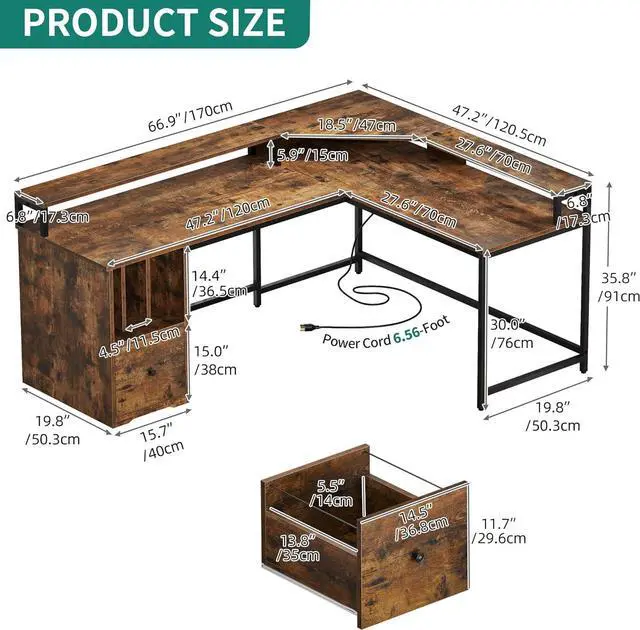 Alt view image 2 of 7 - L Shaped Desk with Power Outlets & LED Lights, 67" Computer Desk with File Drawer, Corner Desk Home Office Desk with Monitor Stand & 3 Cubbies Storage Shelves, Rustic Brown