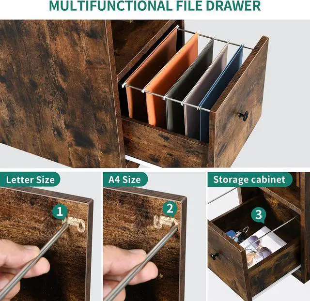 Alt view image 6 of 7 - L Shaped Desk with Power Outlets & LED Lights, 67" Computer Desk with File Drawer, Corner Desk Home Office Desk with Monitor Stand & 3 Cubbies Storage Shelves, Rustic Brown