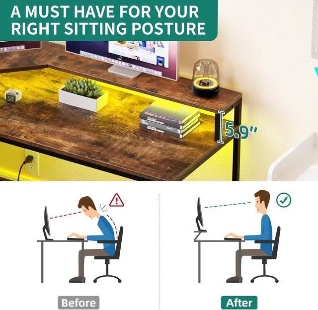 Alt view image 7 of 7 - L Shaped Desk with Power Outlets & LED Lights, 67" Computer Desk with File Drawer, Corner Desk Home Office Desk with Monitor Stand & 3 Cubbies Storage Shelves, Rustic Brown