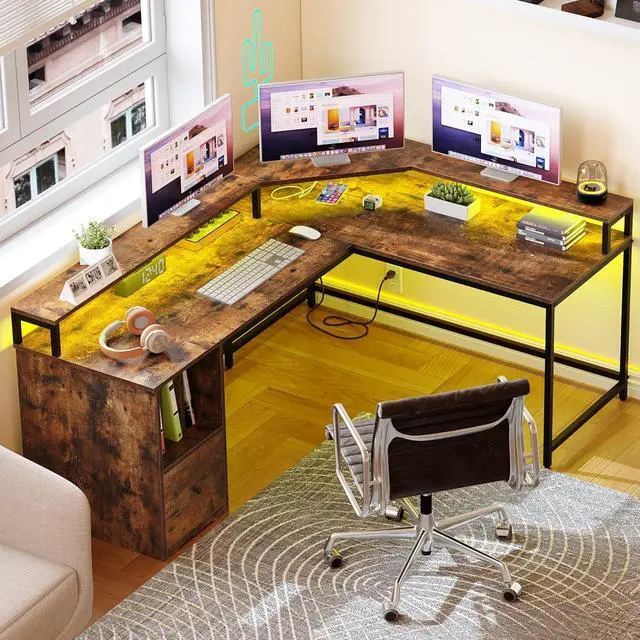 Alt view image 3 of 7 - L Shaped Desk with Power Outlets & LED Lights, 67" Computer Desk with File Drawer, Corner Desk Home Office Desk with Monitor Stand & 3 Cubbies Storage Shelves, Rustic Brown