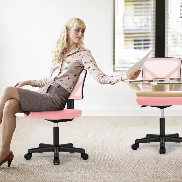 Alt view image 2 of 7 - Home Office Chair Mesh Armless Computer Desk Chair Ergonomic Task Rolling Swivel Chair Adjustable Modern Chair with Lumbar Support, Pink