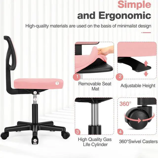 Alt view image 5 of 7 - Home Office Chair Mesh Armless Computer Desk Chair Ergonomic Task Rolling Swivel Chair Adjustable Modern Chair with Lumbar Support, Pink