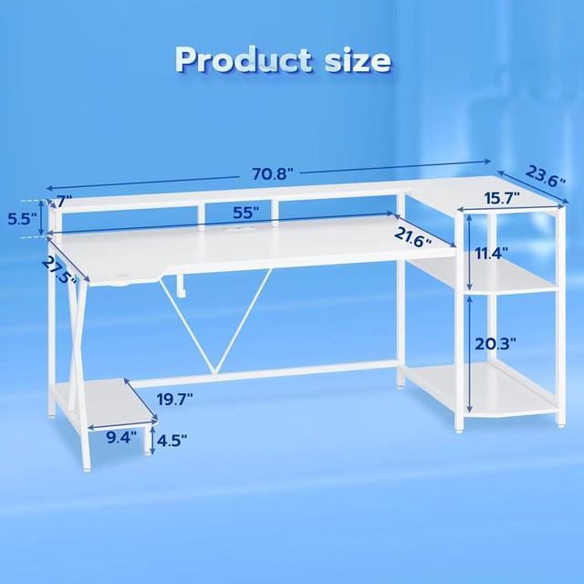 Alt view image 2 of 7 - SEDETA White Gaming Desk 70.8'' with LED Lights and Storage Shelves, Computer Desk with Monitor Stand, Power Outlets and Cup Holder, Large PC Gamer Desk, Gaming Table for Bedroom, Living Room