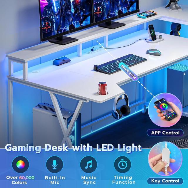 Alt view image 7 of 7 - SEDETA White Gaming Desk 70.8'' with LED Lights and Storage Shelves, Computer Desk with Monitor Stand, Power Outlets and Cup Holder, Large PC Gamer Desk, Gaming Table for Bedroom, Living Room