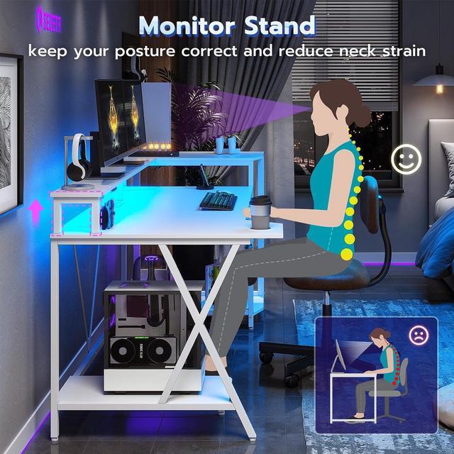 Alt view image 6 of 7 - SEDETA White Gaming Desk 70.8'' with LED Lights and Storage Shelves, Computer Desk with Monitor Stand, Power Outlets and Cup Holder, Large PC Gamer Desk, Gaming Table for Bedroom, Living Room
