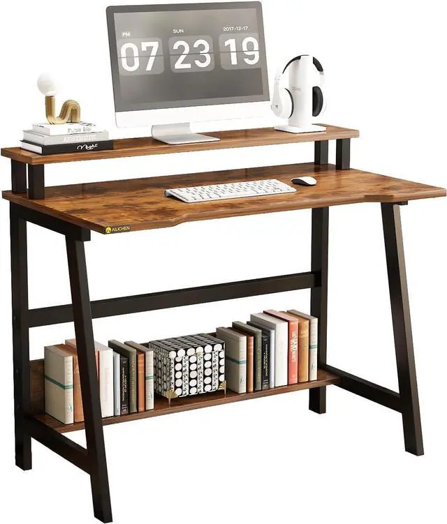Main image of Small Computer Desk31.5 Inch Sturdy Writing Desk with Bookshelf Study Table Desk with Metal Legs Industrial Table with Monitor for Home Office for Small Space