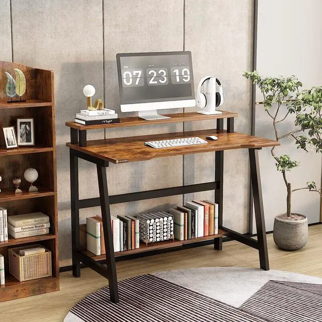 Alt view image 2 of 7 - Small Computer Desk31.5 Inch Sturdy Writing Desk with Bookshelf Study Table Desk with Metal Legs Industrial Table with Monitor for Home Office for Small Space