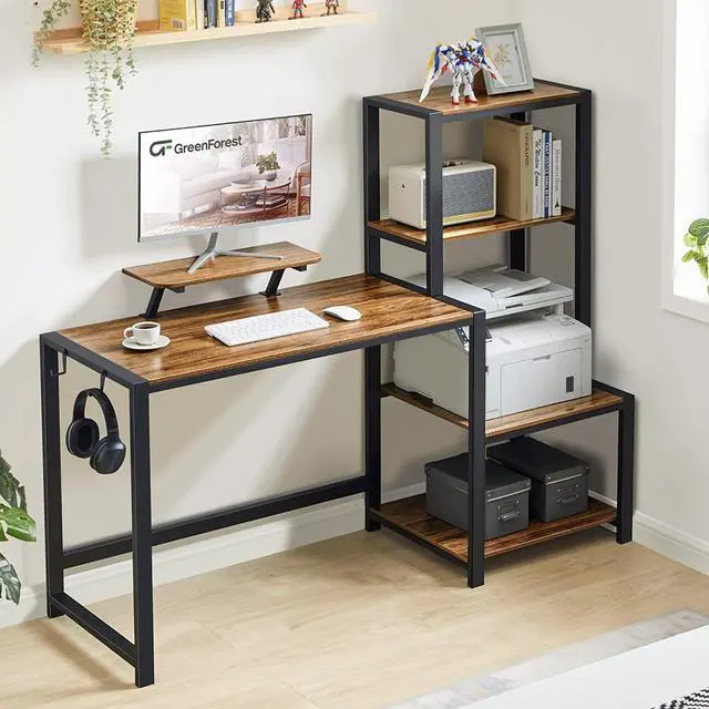 Alt view image 2 of 7 - GreenForest Computer Desk 58 inch with Storage Printer Shelf Reversible Home Office Desk with Movable Monitor Stand and 2 Headphone Hooks for Study Writing PC Gaming Working, Walnut
