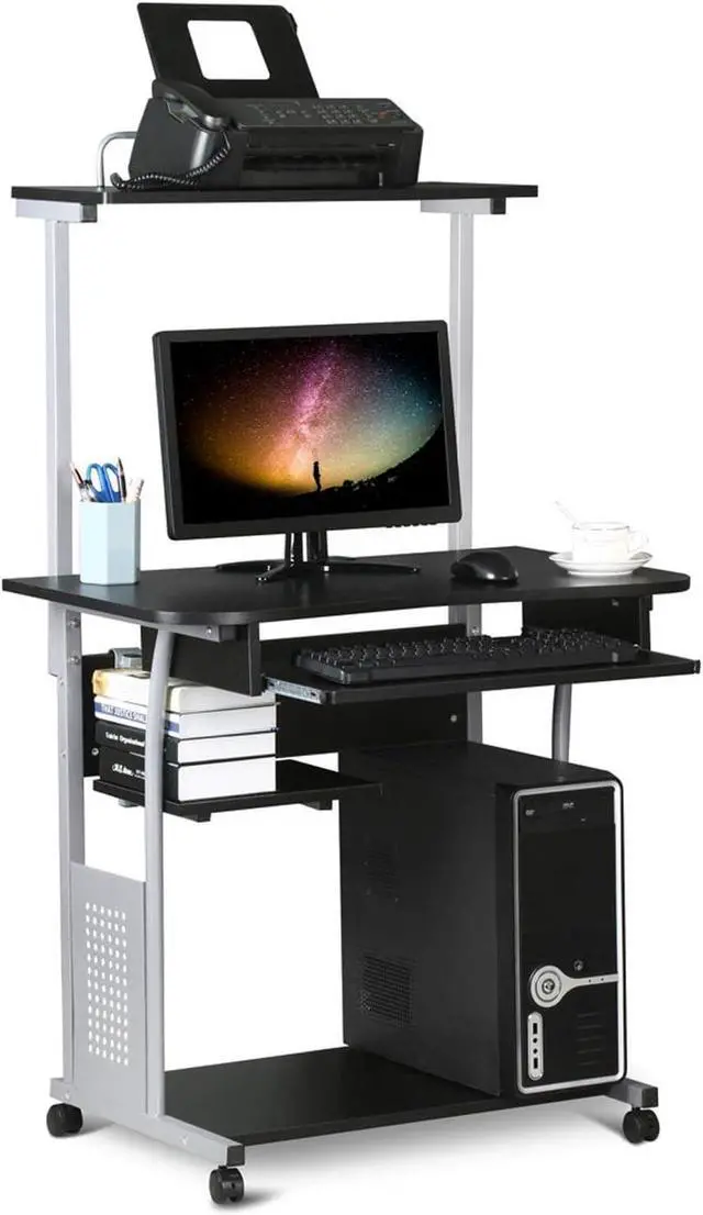Main image of Yaheetech 3 Tiers Mobile Computer Desk with Printer Shelf & Keyboard Tray Rolling Computer Desk for Small Spaces, Compact Study Desk Workstation with Wheels, Space Saving, Black