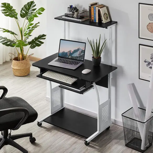 Alt view image 2 of 7 - Yaheetech 3 Tiers Mobile Computer Desk with Printer Shelf & Keyboard Tray Rolling Computer Desk for Small Spaces, Compact Study Desk Workstation with Wheels, Space Saving, Black