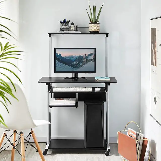 Alt view image 5 of 7 - Yaheetech 3 Tiers Mobile Computer Desk with Printer Shelf & Keyboard Tray Rolling Computer Desk for Small Spaces, Compact Study Desk Workstation with Wheels, Space Saving, Black