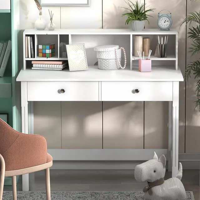 Alt view image 2 of 7 - Computer Desk with Drawers and Hutch, 43.3 inch White Home Office Desks Small Makeup Vanity Desk Table with Storage for Small Spaces Bedroom, Writing Desk Study Table