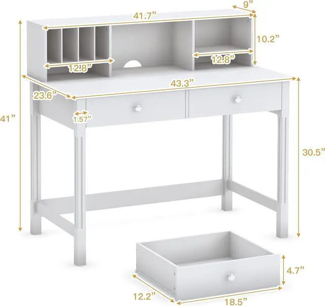 Alt view image 3 of 7 - Computer Desk with Drawers and Hutch, 43.3 inch White Home Office Desks Small Makeup Vanity Desk Table with Storage for Small Spaces Bedroom, Writing Desk Study Table