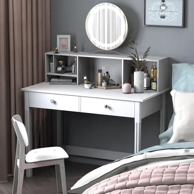 Alt view image 7 of 7 - Computer Desk with Drawers and Hutch, 43.3 inch White Home Office Desks Small Makeup Vanity Desk Table with Storage for Small Spaces Bedroom, Writing Desk Study Table
