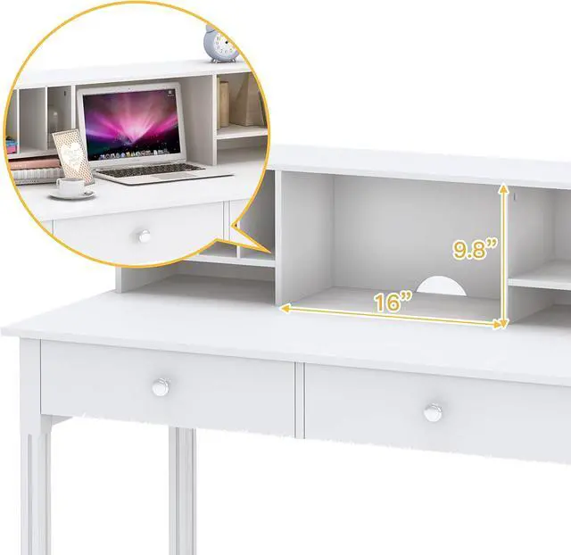 Alt view image 5 of 7 - Computer Desk with Drawers and Hutch, 43.3 inch White Home Office Desks Small Makeup Vanity Desk Table with Storage for Small Spaces Bedroom, Writing Desk Study Table