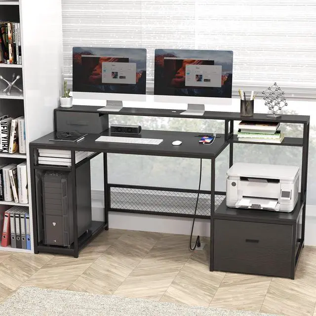 Alt view image 2 of 7 - Home Office Desks with Drawers, 66 Computer Desk with Storage, Office Desk with Monitor Stand, Work Desk with Outlets and USB, Gaming Table Desk with File Cabinet for Home Office Table, Black