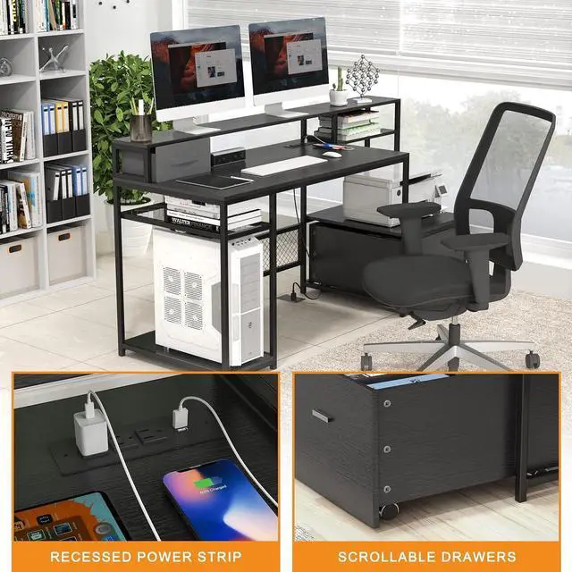 Alt view image 4 of 7 - Home Office Desks with Drawers, 66 Computer Desk with Storage, Office Desk with Monitor Stand, Work Desk with Outlets and USB, Gaming Table Desk with File Cabinet for Home Office Table, Black