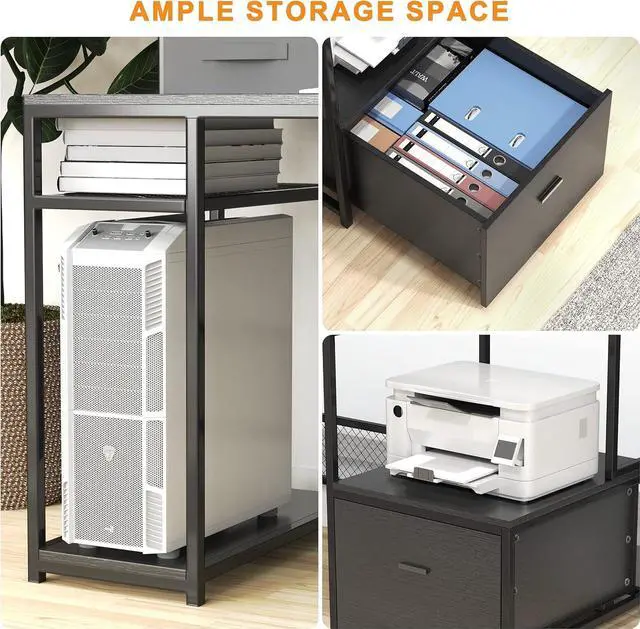 Alt view image 5 of 7 - Home Office Desks with Drawers, 66 Computer Desk with Storage, Office Desk with Monitor Stand, Work Desk with Outlets and USB, Gaming Table Desk with File Cabinet for Home Office Table, Black