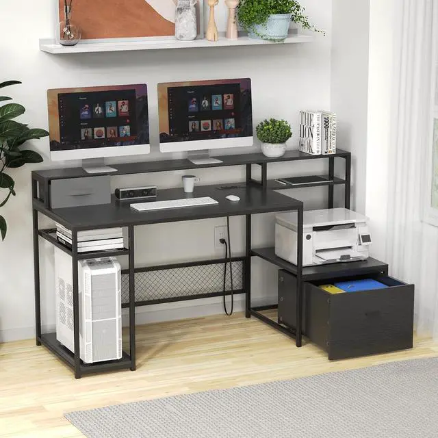 Alt view image 7 of 7 - Home Office Desks with Drawers, 66 Computer Desk with Storage, Office Desk with Monitor Stand, Work Desk with Outlets and USB, Gaming Table Desk with File Cabinet for Home Office Table, Black