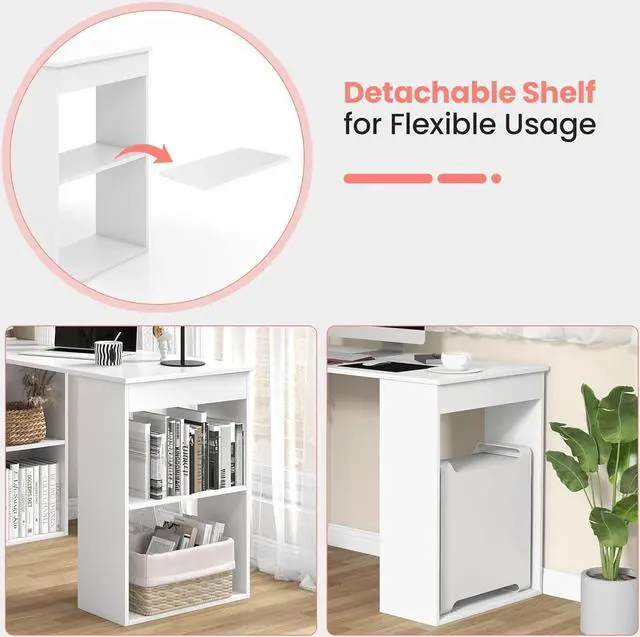 Alt view image 7 of 7 - 48 Inch Computer Desk with Bookshelf, Reversible Study Writing Desk with Storage Shelves & CPU Stand, Compact Office Desks & Workstations, White Desk for Bedroom, Kids Room, Study (White)