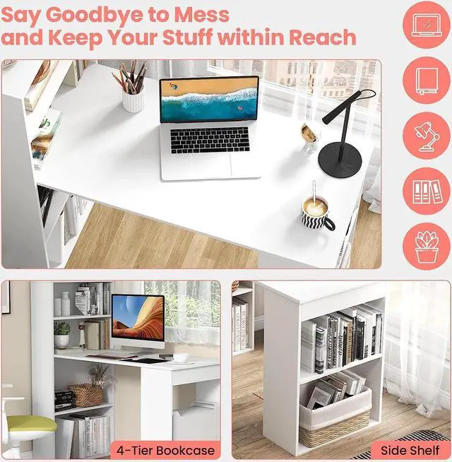 Alt view image 5 of 7 - 48 Inch Computer Desk with Bookshelf, Reversible Study Writing Desk with Storage Shelves & CPU Stand, Compact Office Desks & Workstations, White Desk for Bedroom, Kids Room, Study (White)