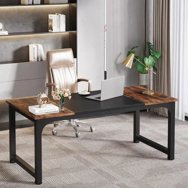 Alt view image 5 of 7 - LITTLE TREE 63 Inch Large Executive Computer Office Desk, Brown+Black