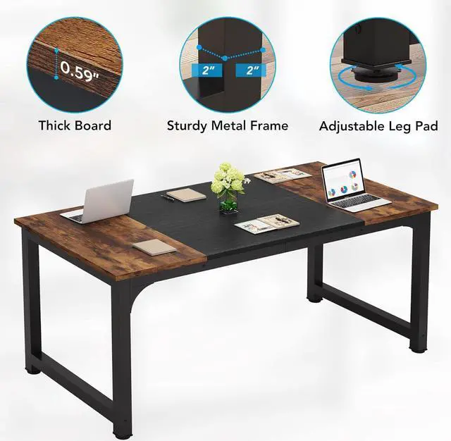 Alt view image 7 of 7 - LITTLE TREE 63 Inch Large Executive Computer Office Desk, Brown+Black