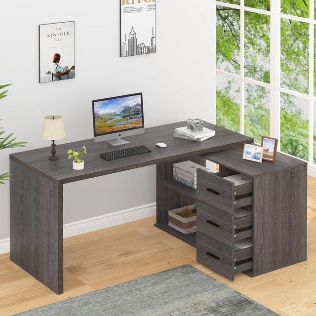 Computer Desk with Shelves, 55.1 inch Industrial Work Desk for Home Office,  Rustic Wood and Metal Study Writing Table, Grey