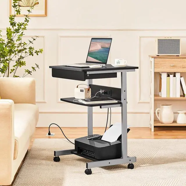 Alt view image 4 of 7 - Yaheetech 22 in Laptop Computer Table Home Office Desk with Power Outlet for Small Space, Mobile Compact Corner Desk with Charging Station and USB Ports on Wheels, Student Writing Desk Table, Black