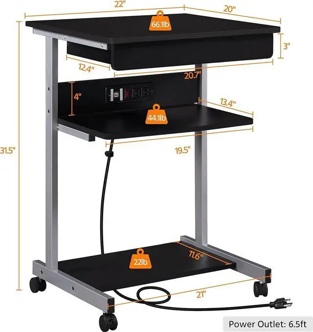 Alt view image 6 of 7 - Yaheetech 22 in Laptop Computer Table Home Office Desk with Power Outlet for Small Space, Mobile Compact Corner Desk with Charging Station and USB Ports on Wheels, Student Writing Desk Table, Black