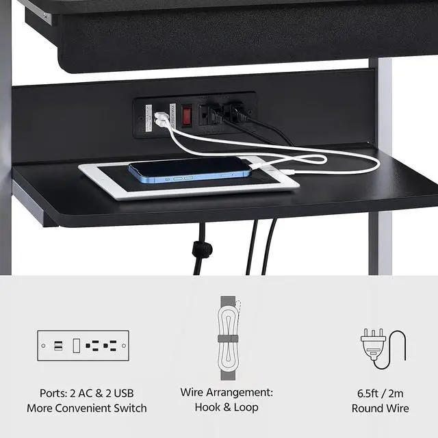 Alt view image 5 of 7 - Yaheetech 22 in Laptop Computer Table Home Office Desk with Power Outlet for Small Space, Mobile Compact Corner Desk with Charging Station and USB Ports on Wheels, Student Writing Desk Table, Black