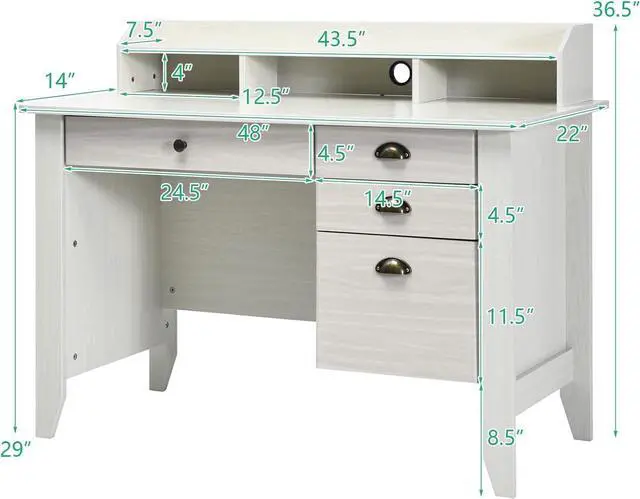Alt view image 3 of 7 - Tangkula White Computer Vintage Desk with 4 Storage Drawers & Hutch, Storage Shelves, Wooden Executive Writing Study Desk for Home Office (White)
