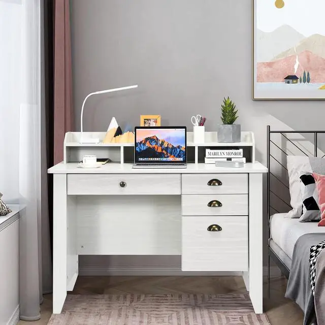 Alt view image 5 of 7 - Tangkula White Computer Vintage Desk with 4 Storage Drawers & Hutch, Storage Shelves, Wooden Executive Writing Study Desk for Home Office (White)