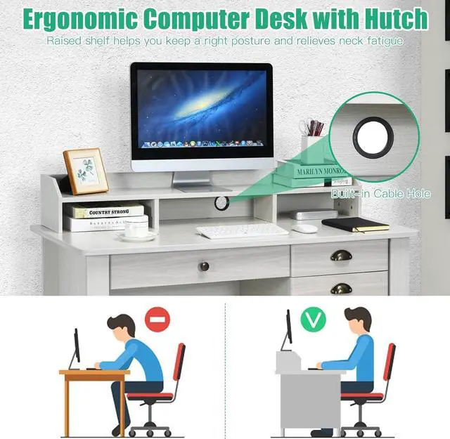 Alt view image 6 of 7 - Tangkula White Computer Vintage Desk with 4 Storage Drawers & Hutch, Storage Shelves, Wooden Executive Writing Study Desk for Home Office (White)