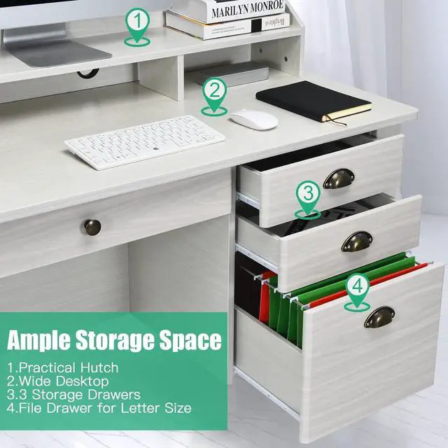Alt view image 7 of 7 - Tangkula White Computer Vintage Desk with 4 Storage Drawers & Hutch, Storage Shelves, Wooden Executive Writing Study Desk for Home Office (White)