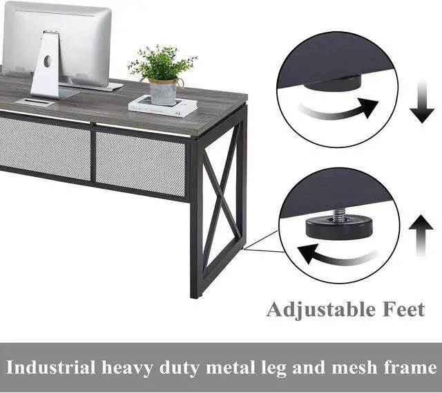 Alt view image 4 of 7 - BON AUGURE Industrial Computer Desk, Rustic Wood Desks for Home Office, Sturdy Metal Writing Work Table (60 Inch, Dark Grey Oak)