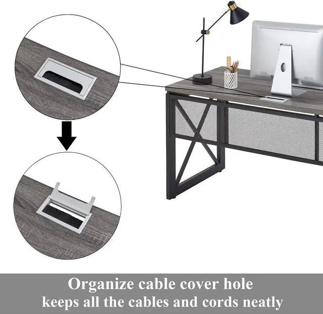 Alt view image 6 of 7 - BON AUGURE Industrial Computer Desk, Rustic Wood Desks for Home Office, Sturdy Metal Writing Work Table (60 Inch, Dark Grey Oak)