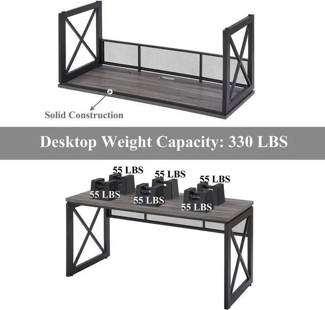 Alt view image 7 of 7 - BON AUGURE Industrial Computer Desk, Rustic Wood Desks for Home Office, Sturdy Metal Writing Work Table (60 Inch, Dark Grey Oak)