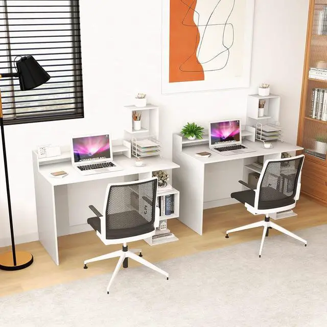 Alt view image 4 of 7 - Tangkula White Desk with Storage Bookshelf & Hutch, 48 Modern Home Office Desk with 8 Storage Shelves, Space Saving Writing Study Desk for Bedroom, Compact Computer Workstation for Home