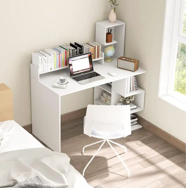 Alt view image 2 of 7 - Tangkula White Desk with Storage Bookshelf & Hutch, 48 Modern Home Office Desk with 8 Storage Shelves, Space Saving Writing Study Desk for Bedroom, Compact Computer Workstation for Home