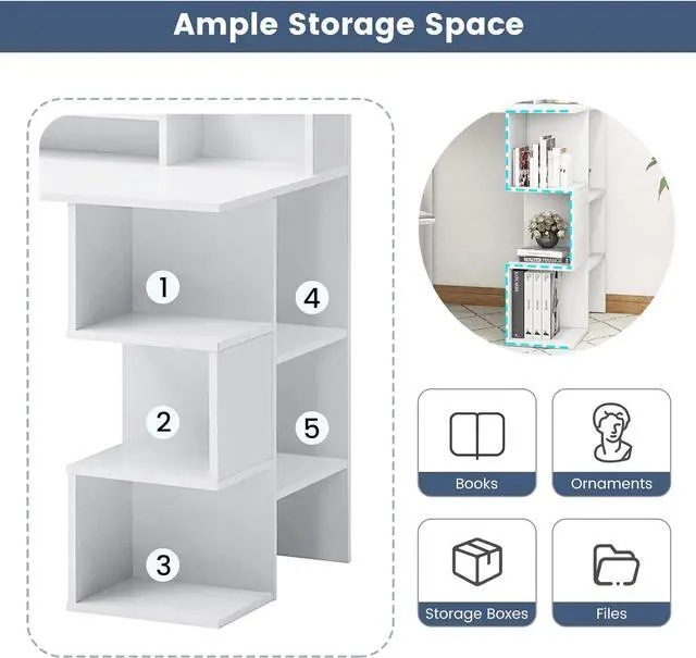 Alt view image 5 of 7 - Tangkula White Desk with Storage Bookshelf & Hutch, 48 Modern Home Office Desk with 8 Storage Shelves, Space Saving Writing Study Desk for Bedroom, Compact Computer Workstation for Home