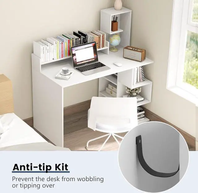 Alt view image 7 of 7 - Tangkula White Desk with Storage Bookshelf & Hutch, 48 Modern Home Office Desk with 8 Storage Shelves, Space Saving Writing Study Desk for Bedroom, Compact Computer Workstation for Home